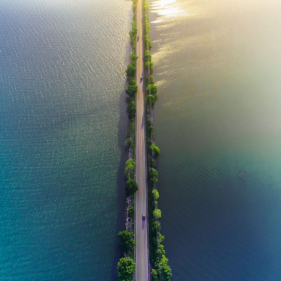lake, trees, beauty, sunset, highway, plant, nature, day, tranquility HD wallpaper