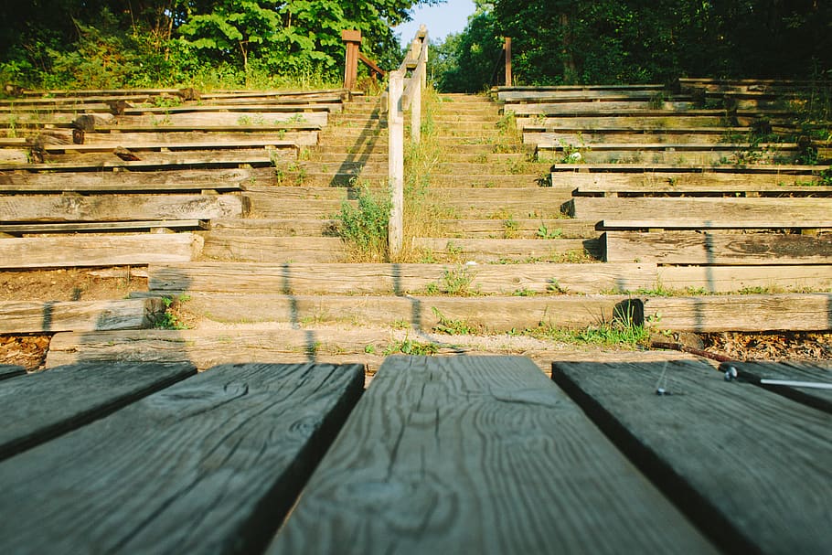 Worm View of Brown Wooden Stairs, architecture, bench, daylight HD wallpaper