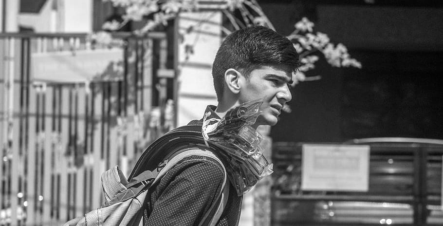 human, person, bag, backpack, face, handrail, banister, apparel HD wallpaper