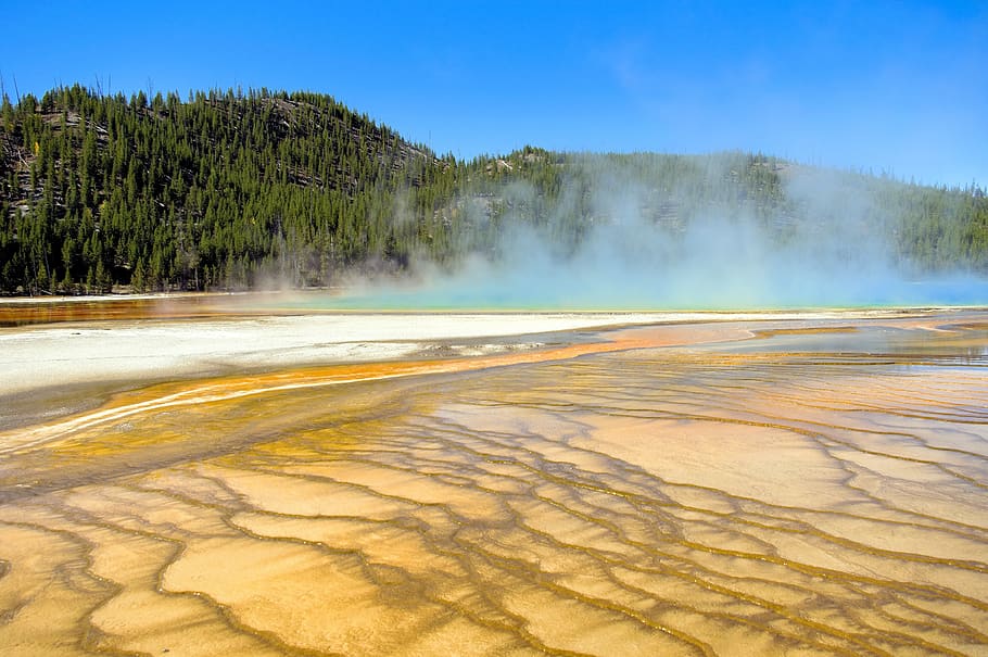 grand prismatic bacterial mat, thermal, spring, yellowstone, HD wallpaper