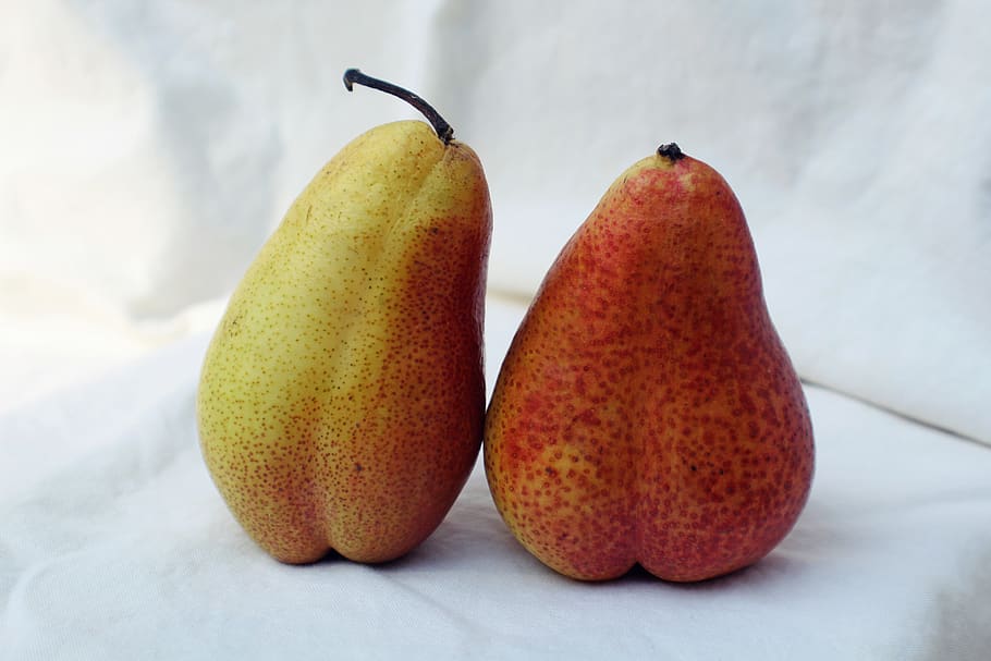 two yellow pears on white textile, fruit, healthy eating, food HD wallpaper