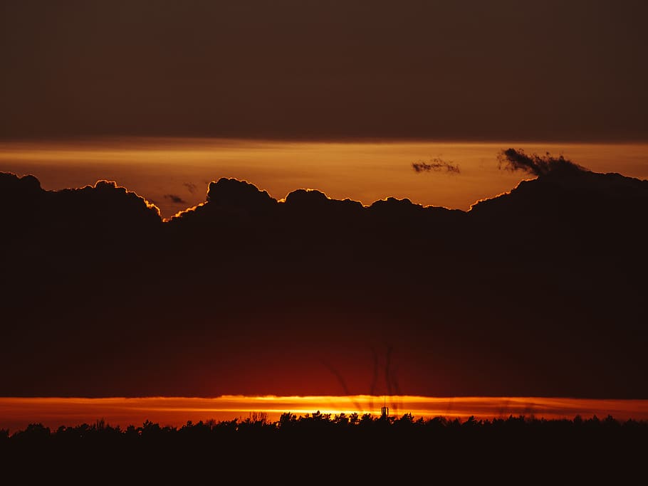 sunset, dusk, silhouette, sky, clouds, dark, evening, orange color HD wallpaper