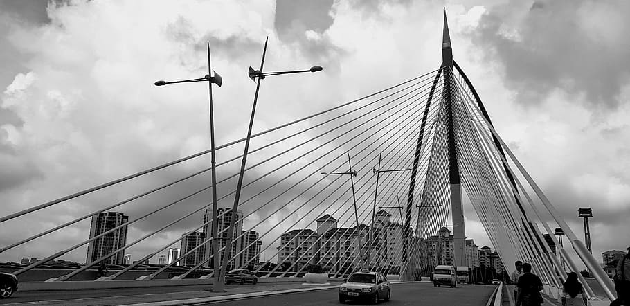 Grayscale Photo of Cable Bridge, architecture, black and white HD wallpaper