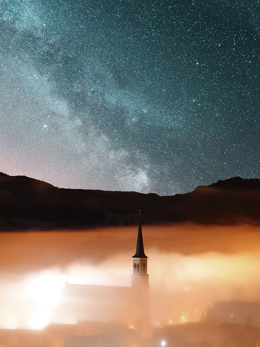castle surrounded fog, sky, star - space, astronomy, night, scenics - nature HD wallpaper