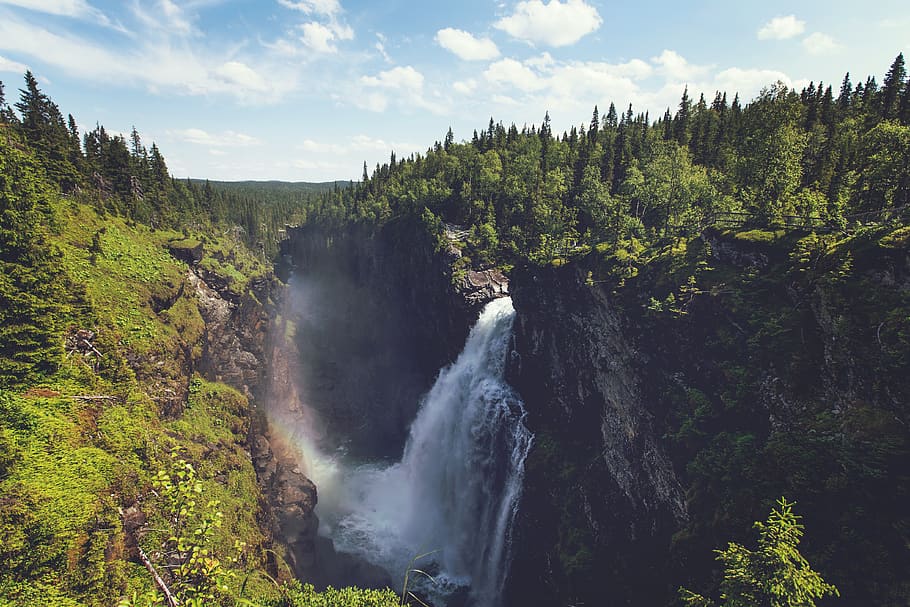 waterfalls, river, stream, rapids, rocks, cliffs, landscape HD wallpaper