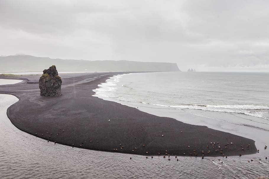 iceland, rain, rock, ocean, greyness, partly cloudy, clouds HD wallpaper