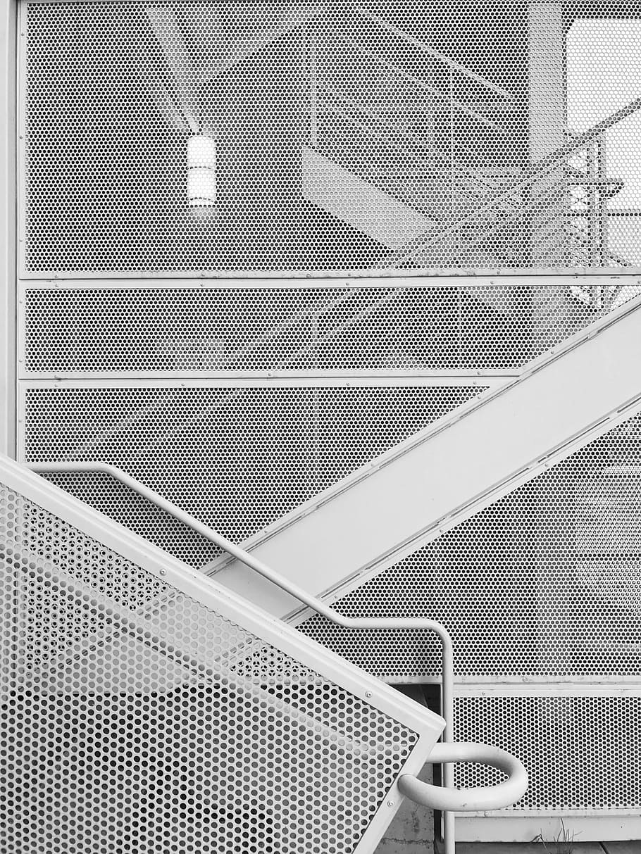 white metal stair at daytime, pattern, shape, composition, architecture HD wallpaper
