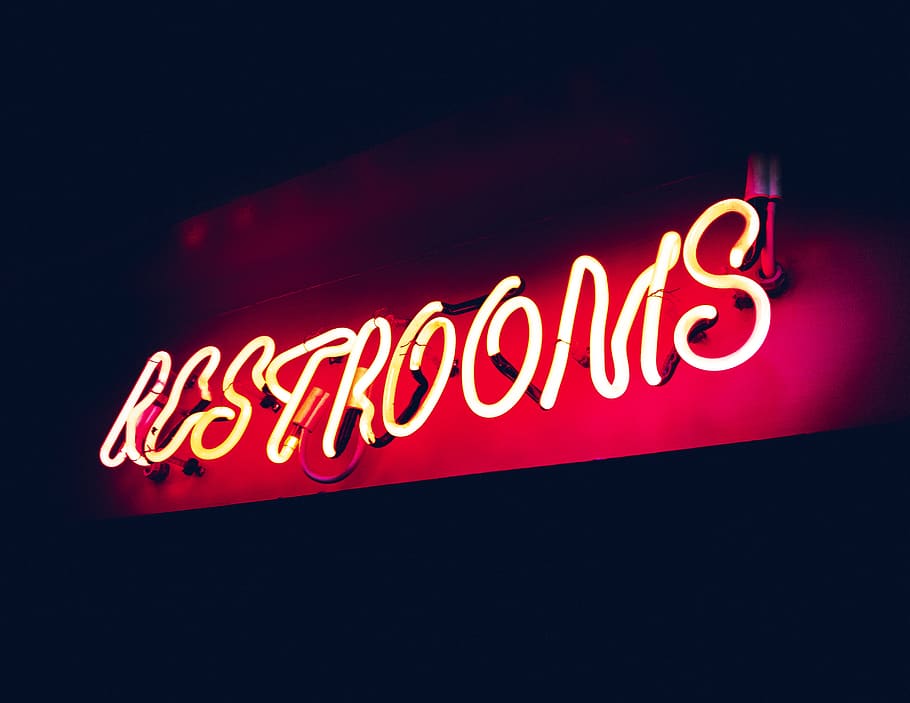 red Restrooms neon signage, light, lighting, text, club, night club