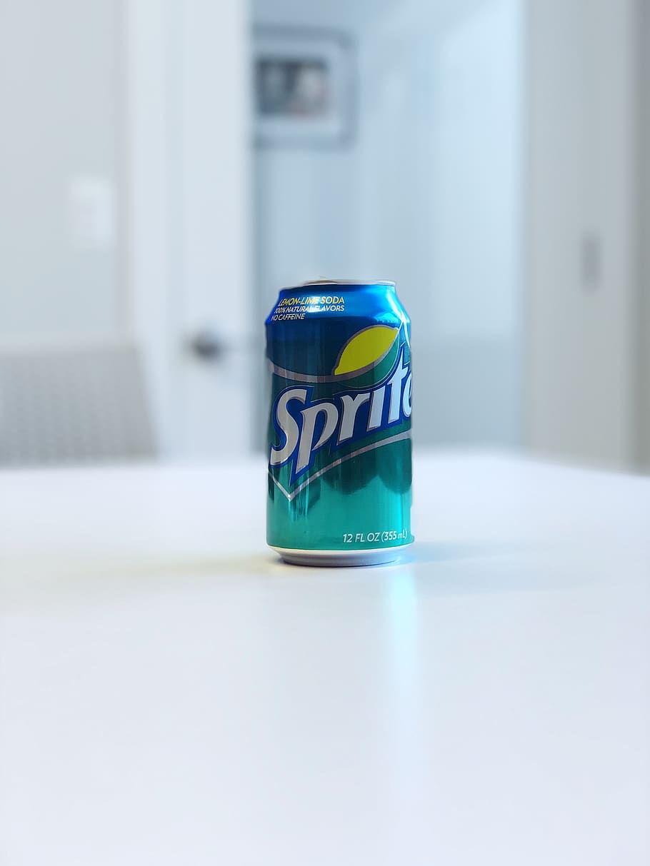 Sprite soda can, indoors, communication, no people, text, still life