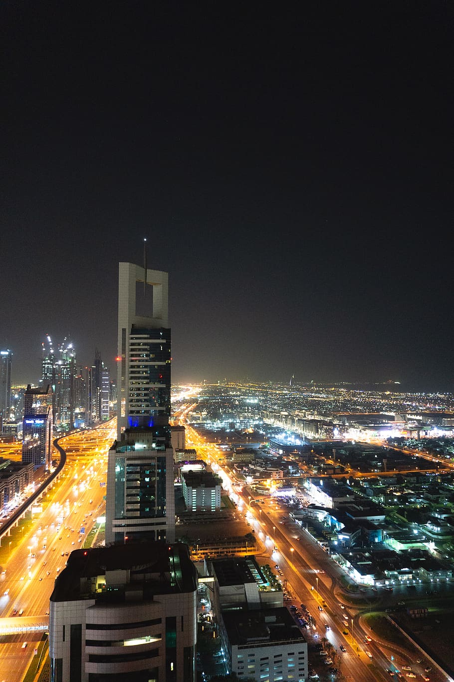 dubai, united arab emirates, lights, night, skyscrapers, intersection