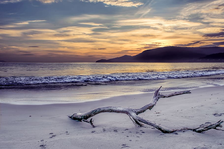 Body of Water Near Mountain Under Gray Sky at Golden Hour, backlit HD wallpaper