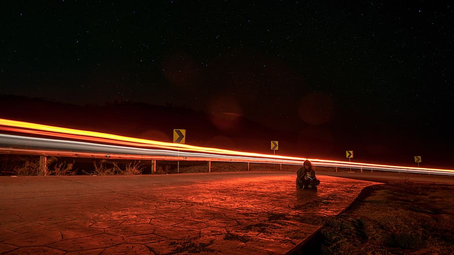 night, road, light, long exposition, street, landscape, nature HD wallpaper