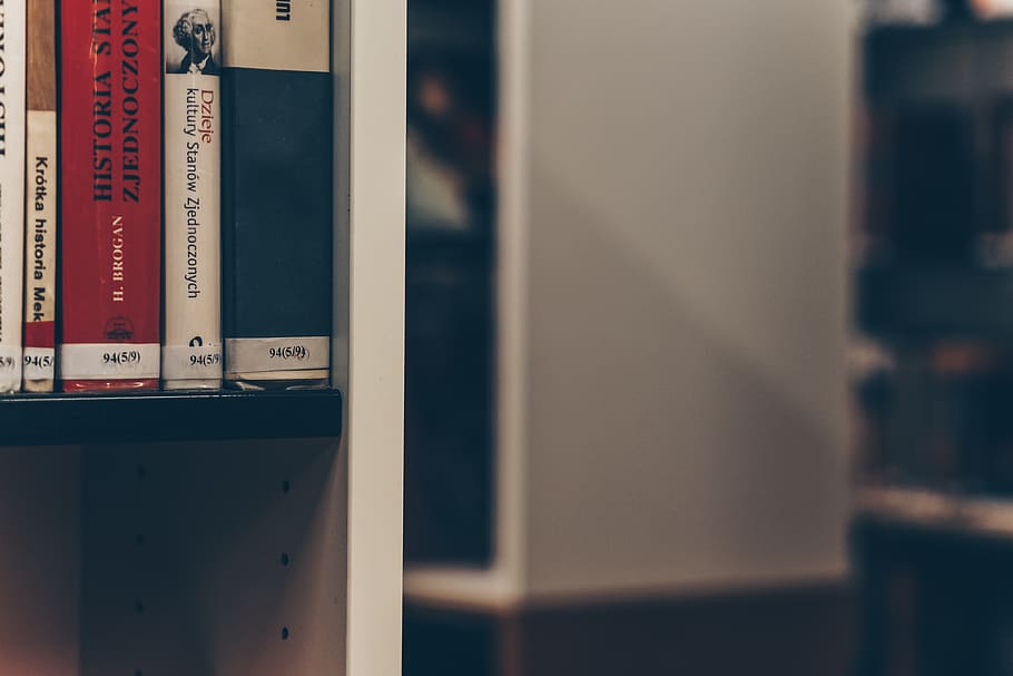 assorted-title books on white shelf, furniture, bookcase, electronics HD wallpaper