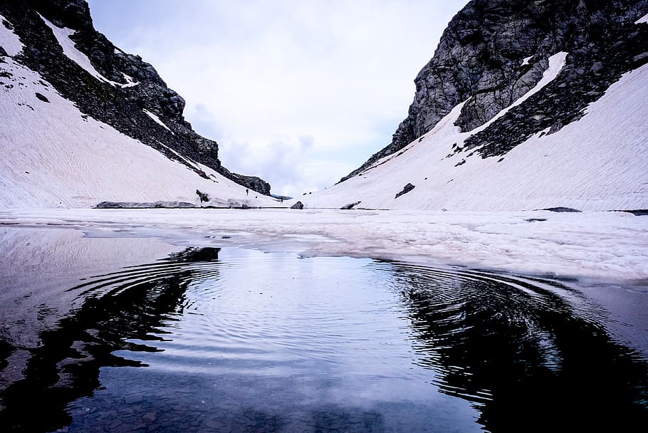 snow-covered water between mountains, beauty in nature, cold temperature HD wallpaper