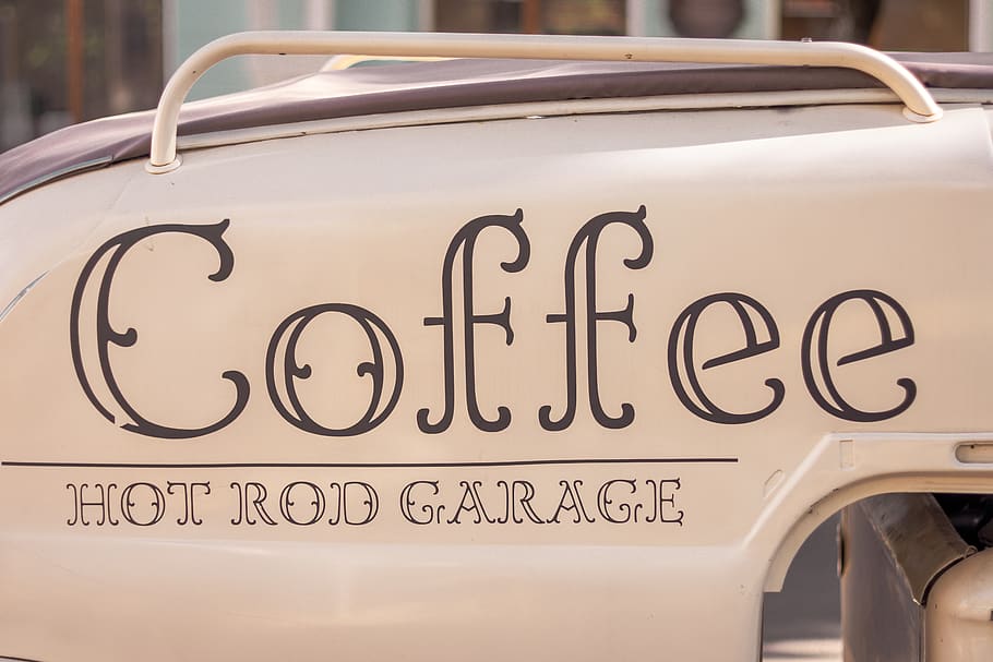Coffee hot rod garage car, krasnodar, russia, lettering, text