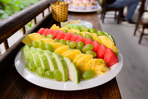 fruit, food, plate, grape, watermelon, guava fruit, pineapple HD wallpaper