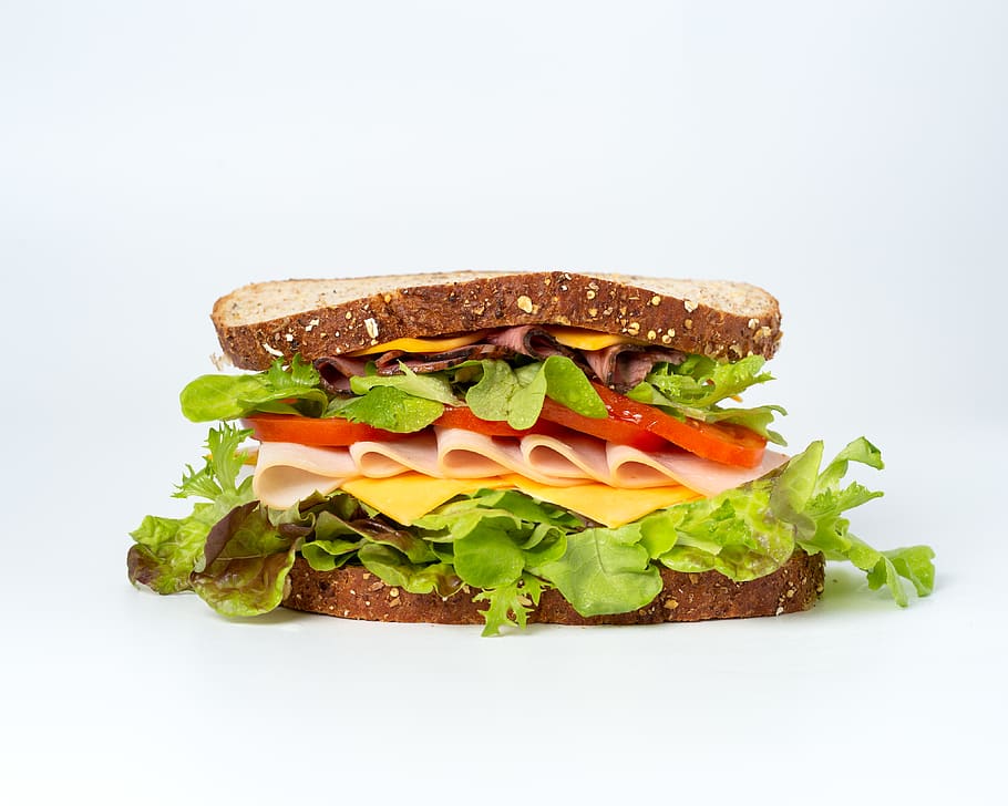 sandwich on white surface, bread, lettuce, vegetable, food, studio shot HD wallpaper