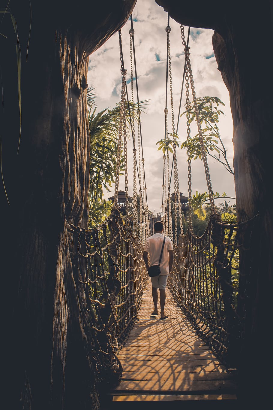 Man Walking on the Suspension Bridge, environment, leisure, nature HD wallpaper