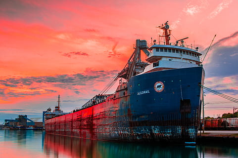 canada, goderich, ship, water, sunset, salt, mine, boat, nautical vessel HD wallpaper