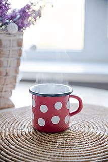 Red, White, and Black Ceramic Mug on Table, beverage, breakfast HD wallpaper