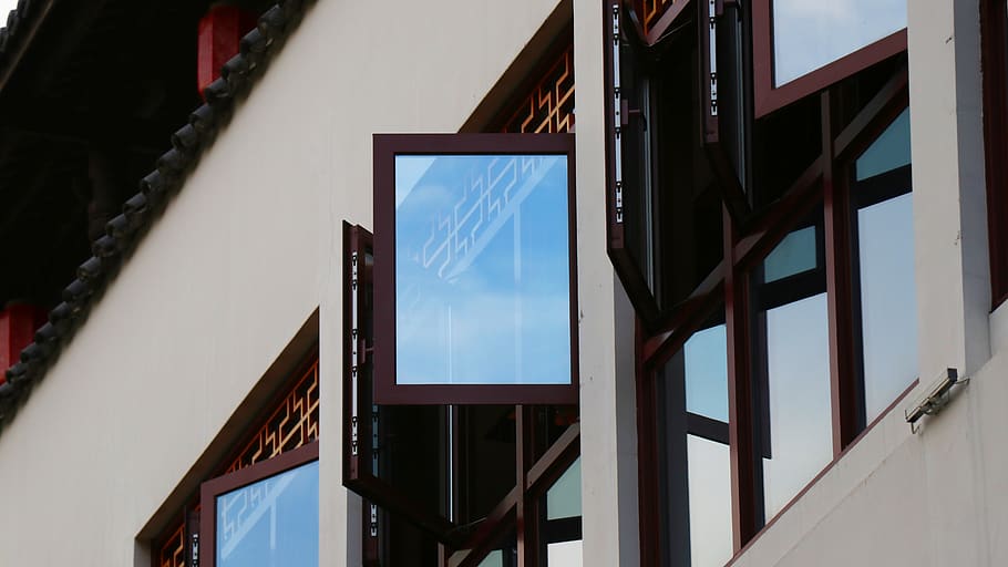 opened windows, building, architecture, handrail, banister, office building HD wallpaper