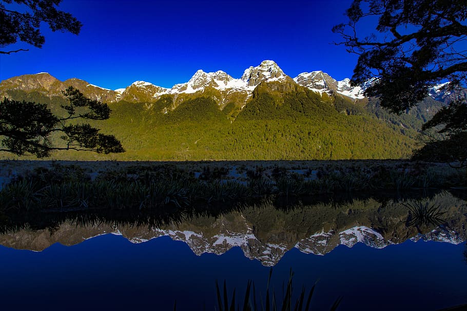 new zealand, mirror lake, mountains, reflection, water, sky