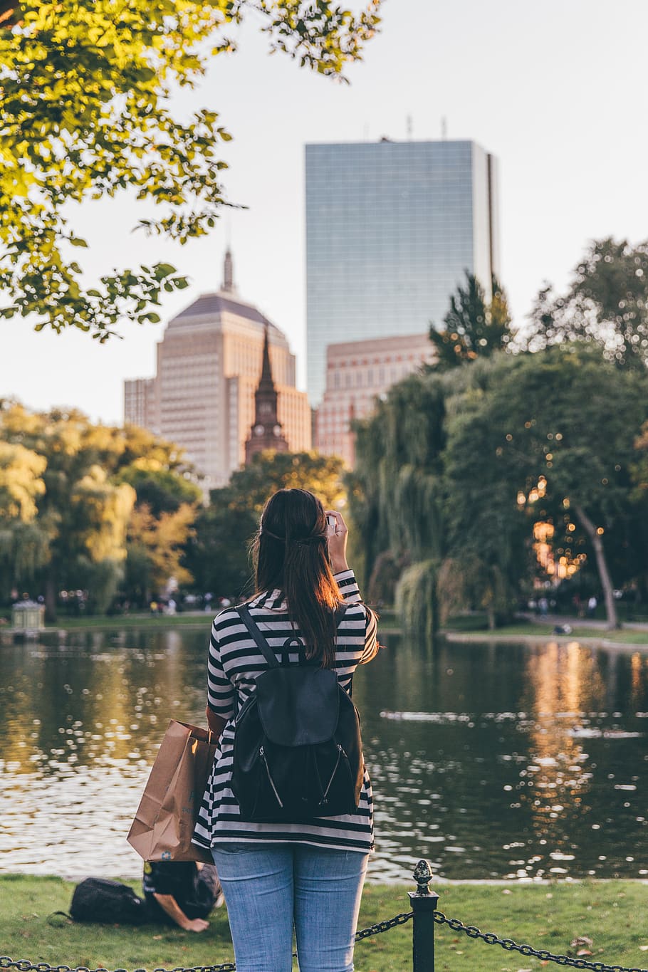 Photo of Woman Standing Near Body of Water, back view, backpack HD wallpaper