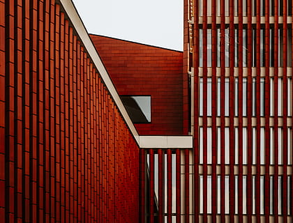 red and white building perspective, handrail, banister, triangle HD wallpaper