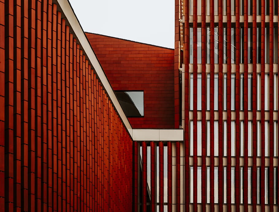 red and white building perspective, handrail, banister, triangle HD wallpaper