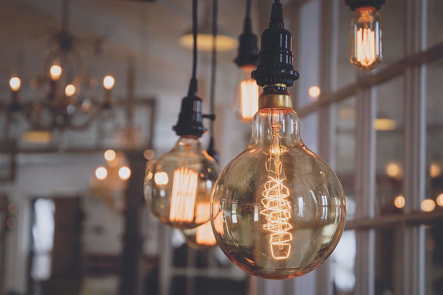 turned-on bulbs, light, filament, element, electricity, globe