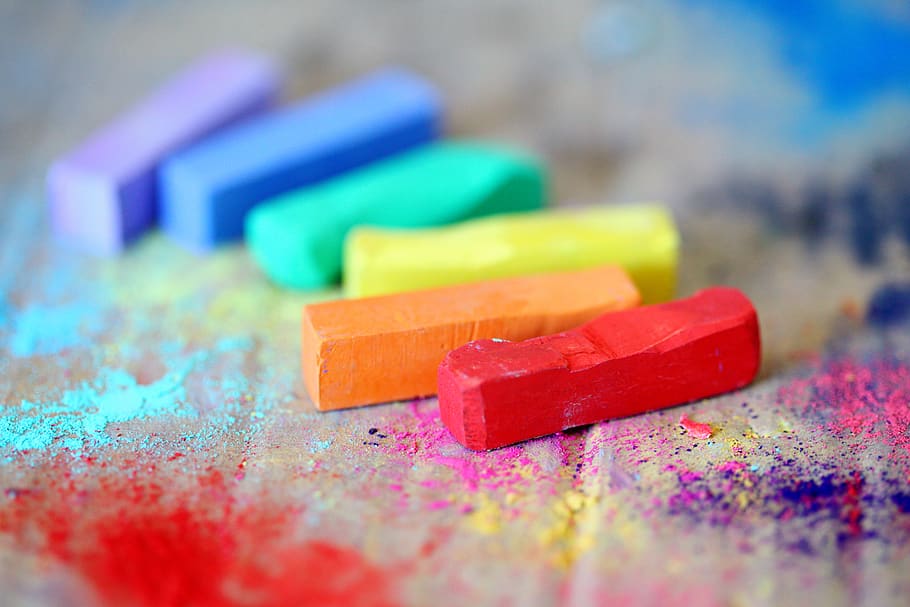 Assorted Colored Chalks on Wood Surface, art, artistic, arts and crafts
