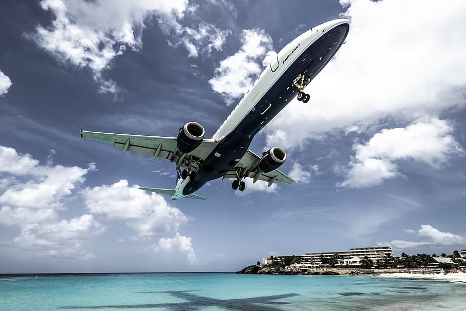 white aircraft above beach shoreline at daytime, airplane, transportation, HD wallpaper