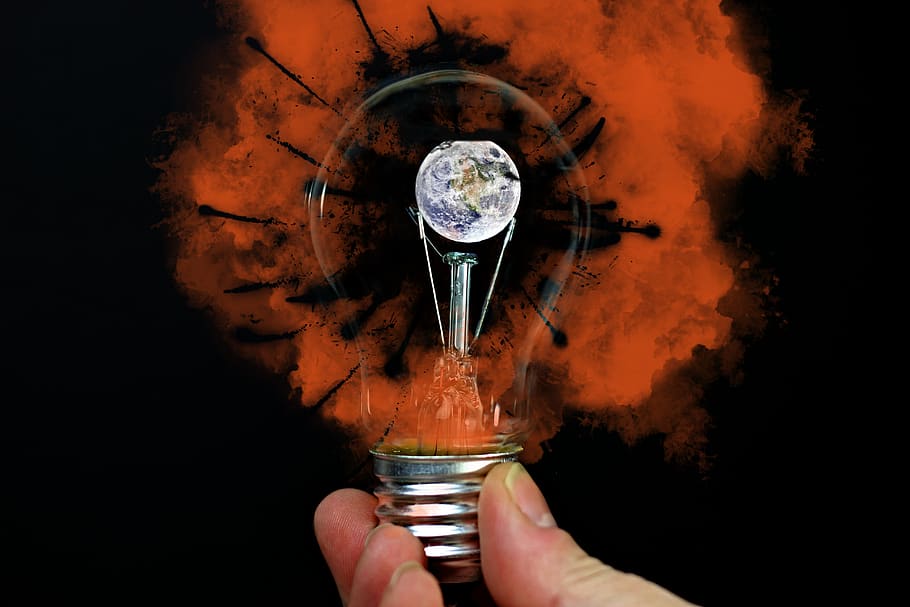 light bulb, earth, warming, risk, fire, universe, hand, environment