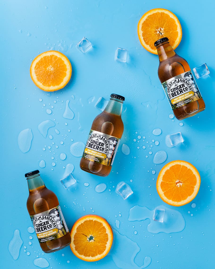 three Ginger Beer bottles, citrus fruit, pill, food and drink HD wallpaper