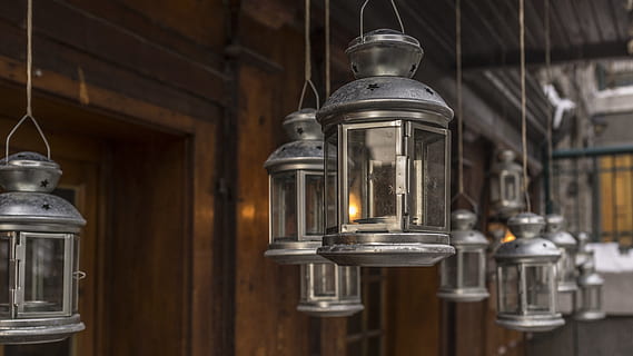 grey candle lantern, lamp, wood, wire, steel, hanging, cluster HD wallpaper