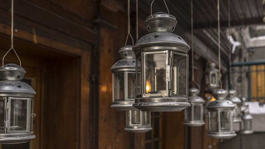 grey candle lantern, lamp, wood, wire, steel, hanging, cluster HD wallpaper