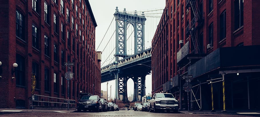 Brooklyn Bridge between buildings, car, transportation, automobile HD wallpaper