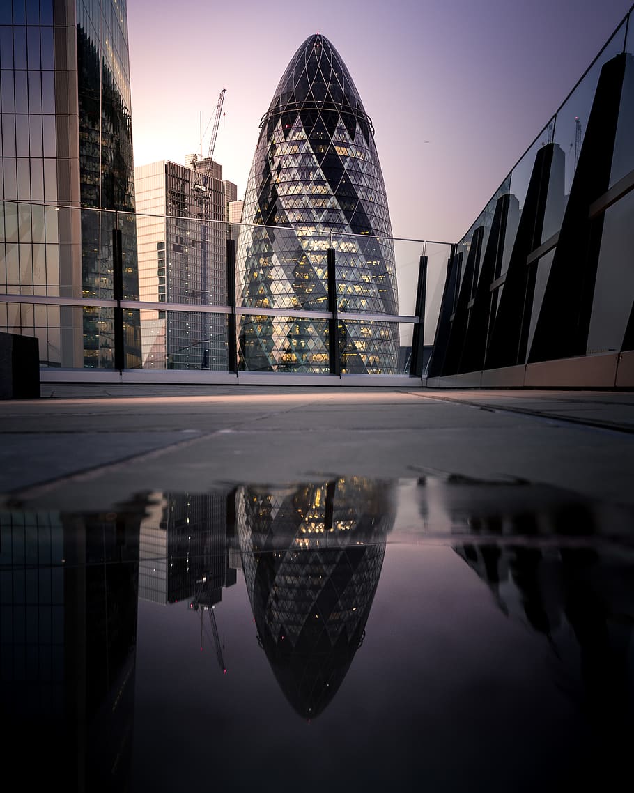 black and gray building, city, town, urban, puddle, office building HD wallpaper