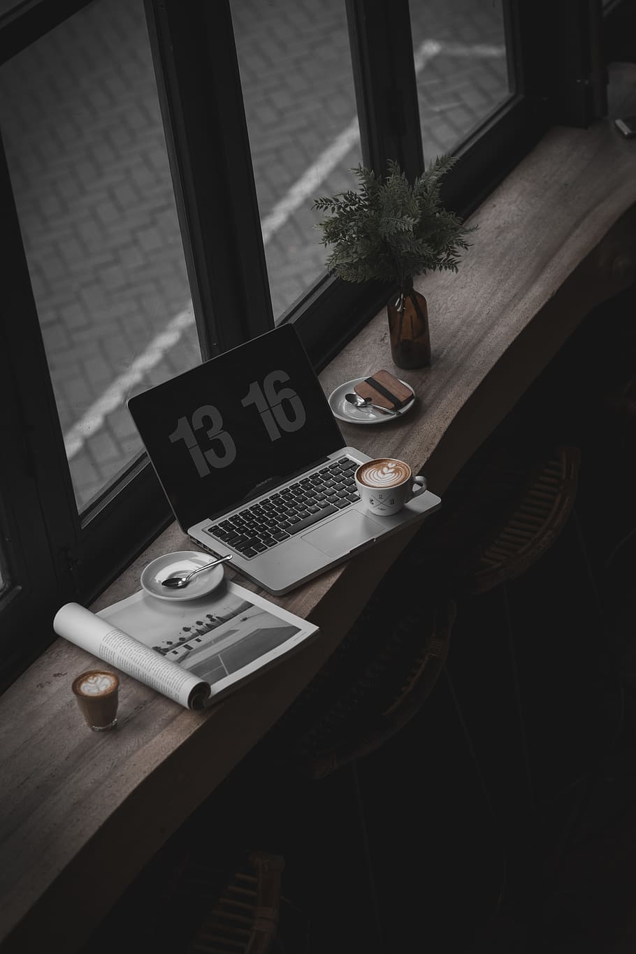 gray laptop computer near window, table, no people, indoors, high angle view HD wallpaper