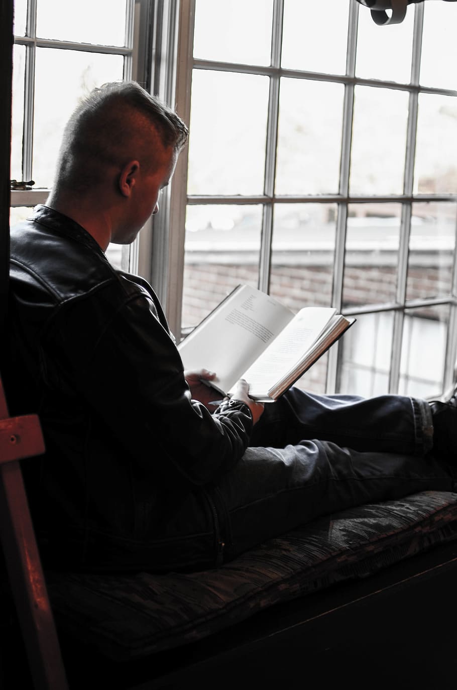 reading, books, man, guy, literature, library, window, window seat HD wallpaper
