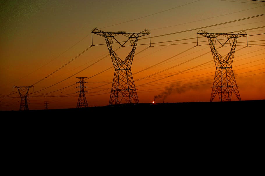 transmission towers, electricity pylon, technology, cable, sunset HD wallpaper