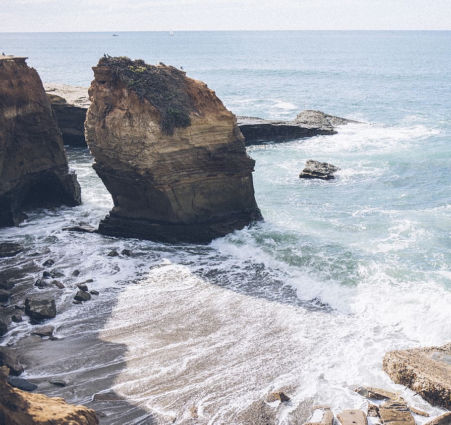 california, ocean, rocks, waves, color, sea, beach, cool, vintage HD wallpaper