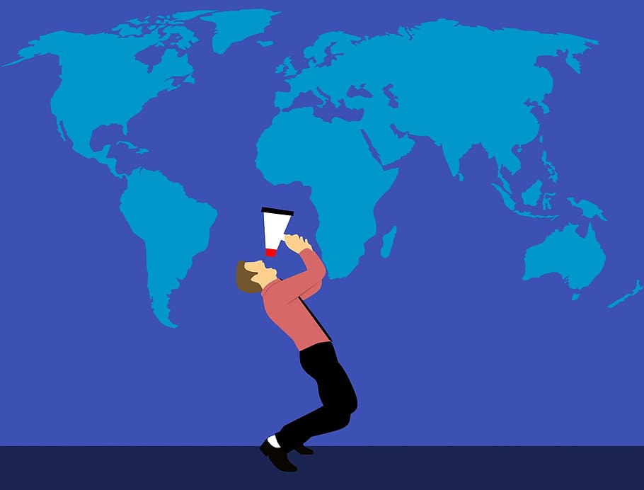 Illustration of man getting message out to the world., world map