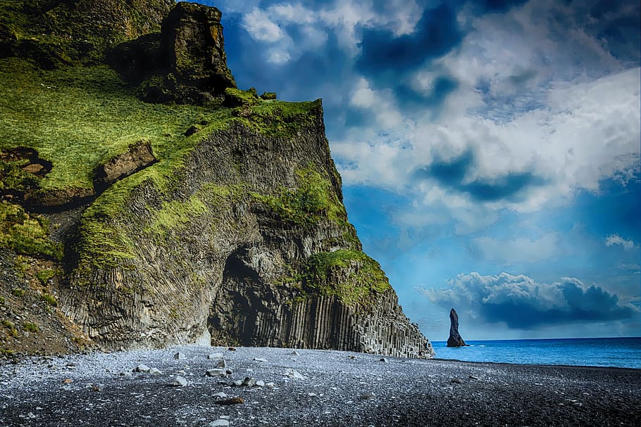 Rock Formation Beside Shoreline, bay, beach, cliff, clouds, coast HD wallpaper