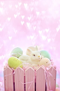 easter, eggs, bunny, pastels, spring, colorful, basket, text space HD wallpaper