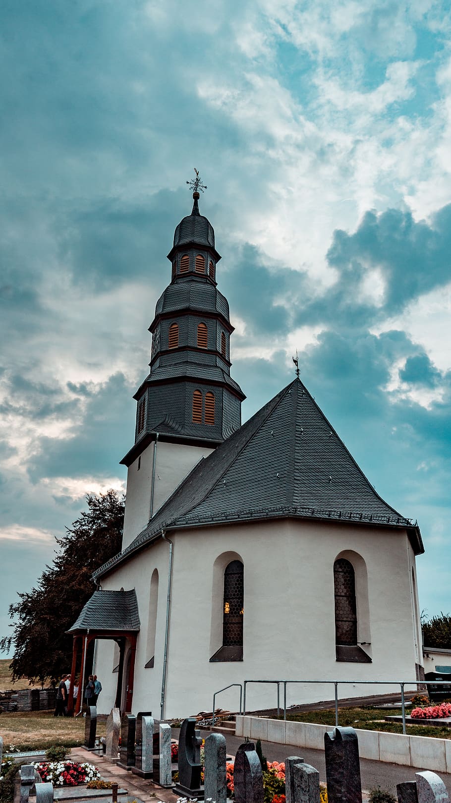 germany, lich, eberstadt, orange, sky, grey, spruce, blue, graveyard HD wallpaper