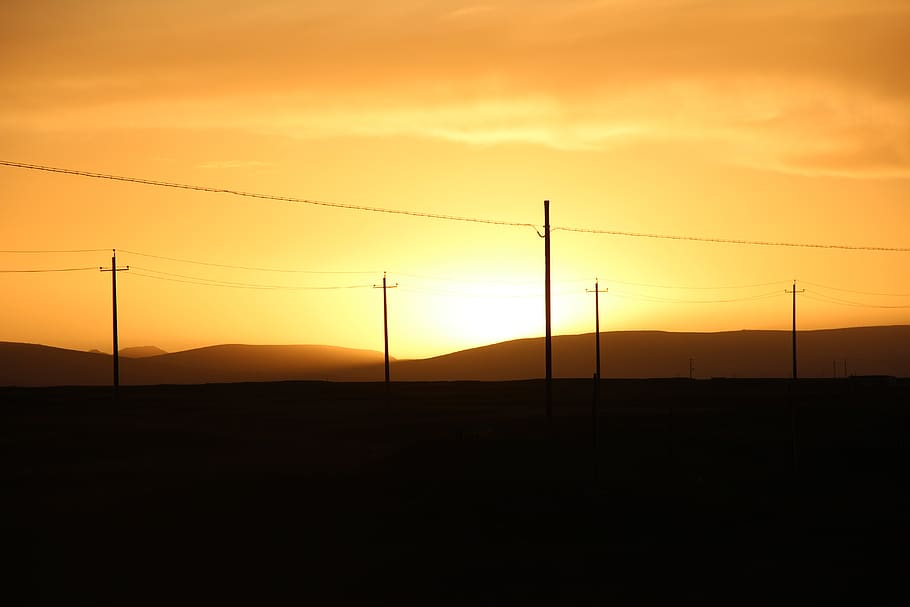 black electric post during sunset, sky, electricity, orange color HD wallpaper