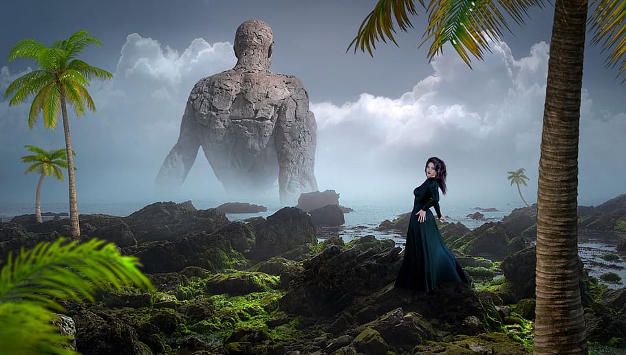 fantasy, landscape, stones, palm trees, woman, statue, figure