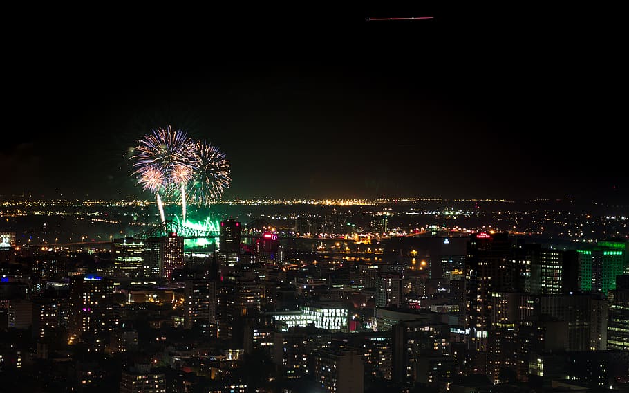 canada, montréal, mount royal chalet, lights, fireworks, night, HD wallpaper