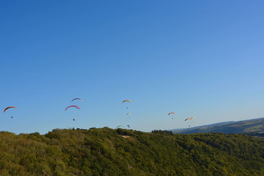 paragliders, take-off site, panoramic views, site of  flight, HD wallpaper